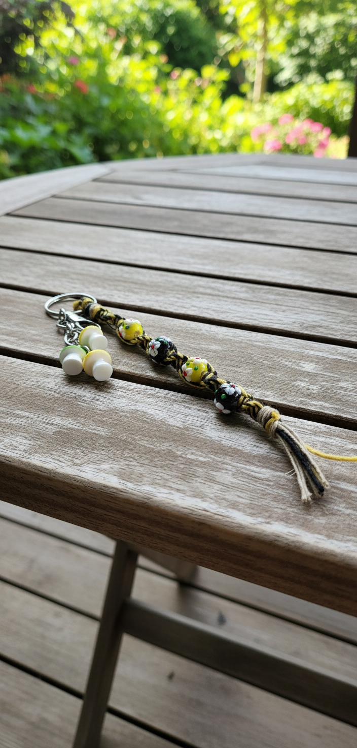 Handmade Hemp Keychain: Flower Beads and Mushroom Charms