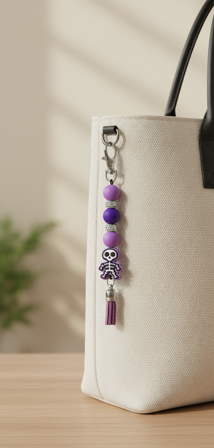 Cute Skull Keychain Beaded Charm, Handmade Halloween Keyring Accessory, Unique Backpack & Purse Pendant Gift