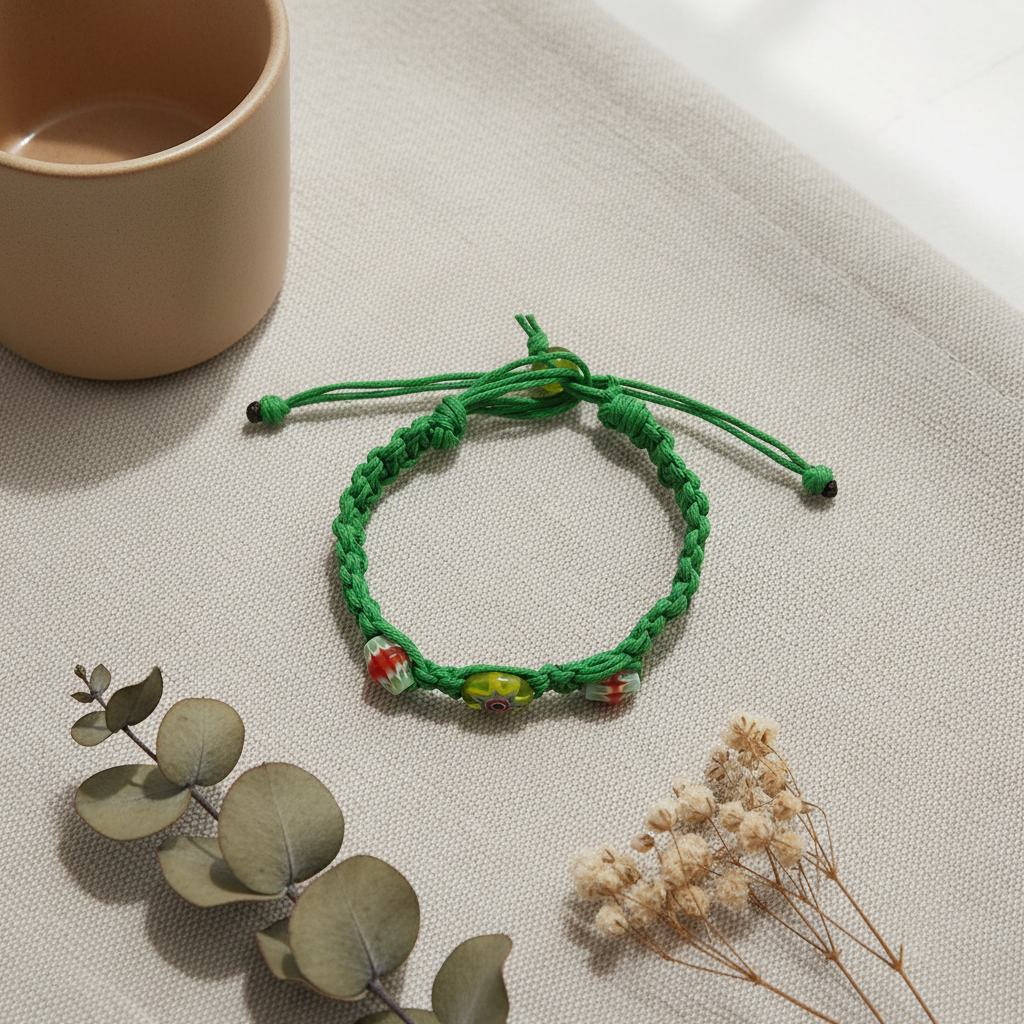 Handmade Green Hemp Bracelet with Glass Beads