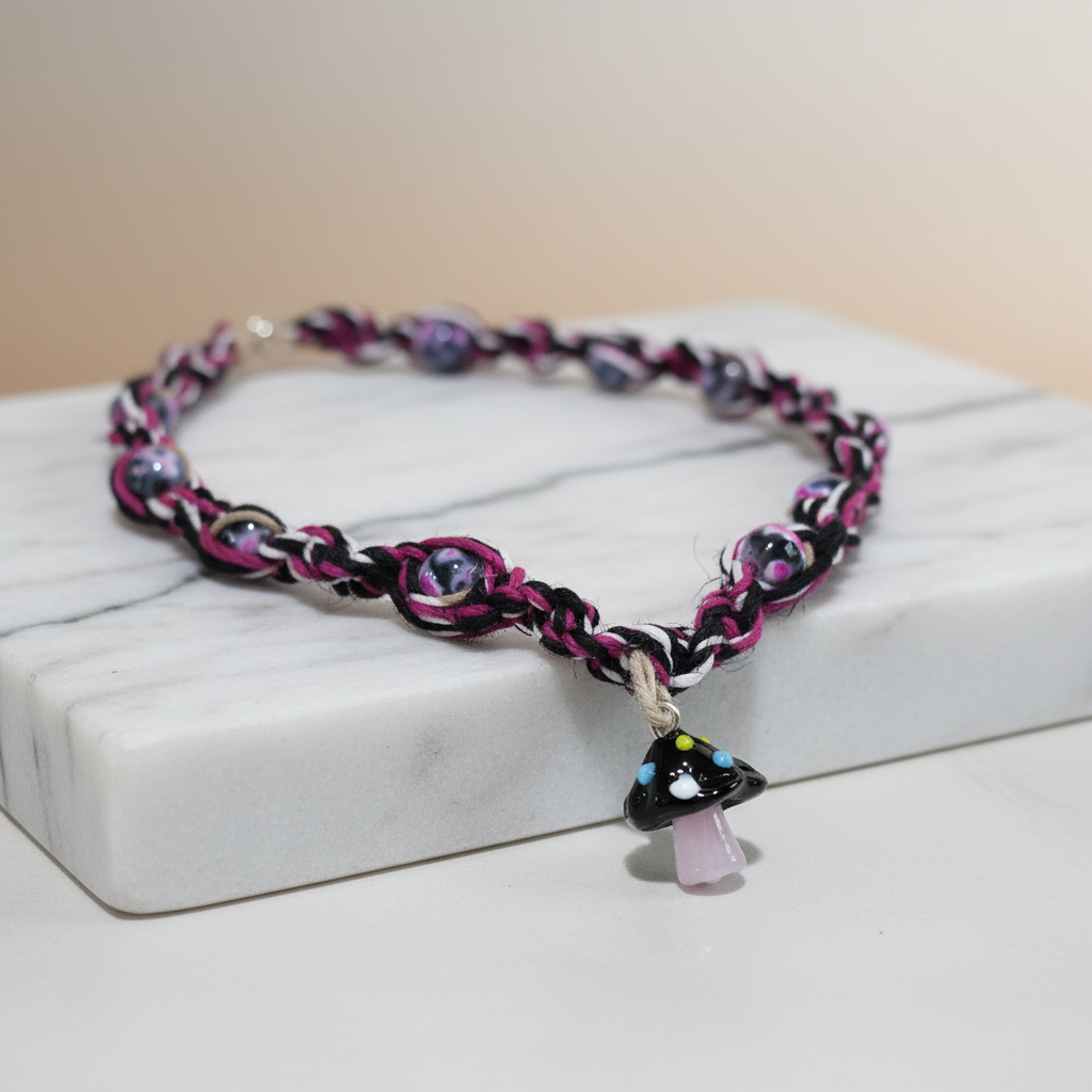 Handmade Hemp Necklace: Black Glass Mushroom Bead