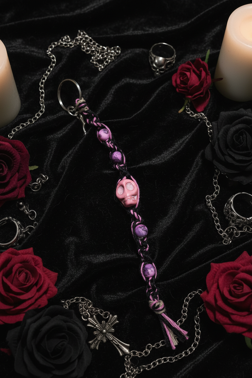 Pretty in Punk – Fierce Black & Pink Hemp Keychain with Hot Pink Beads + Badass Skull Charm | Spooky Babe Vibes Only