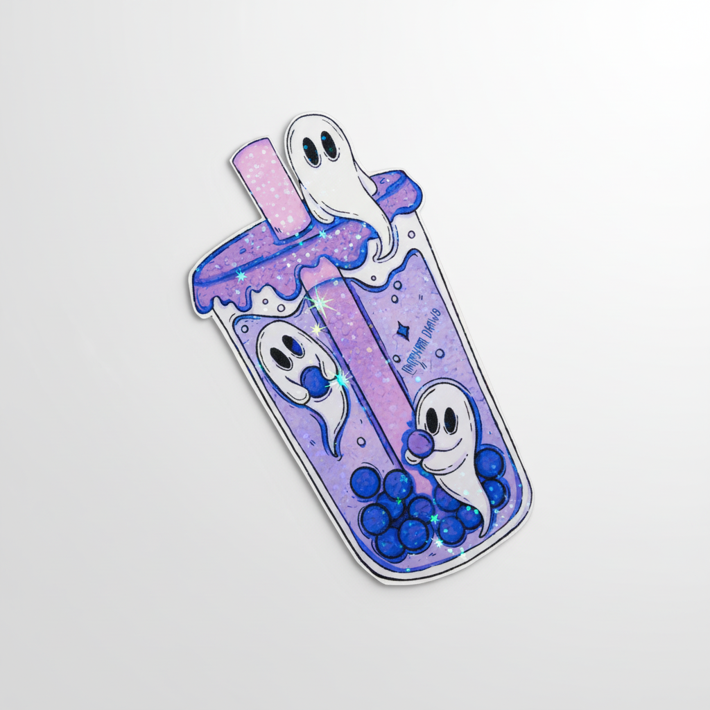 Purple Ghost Boba Tea Sticker: Kawaii Spooky Vinyl Decal