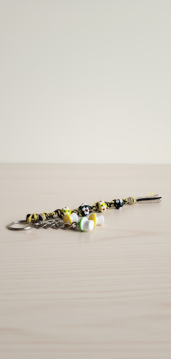 Handmade Hemp Keychain: Flower Beads and Mushroom Charms
