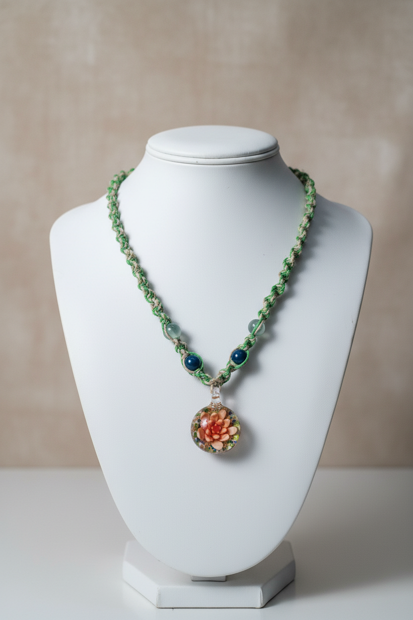 Handmade Hemp Necklace with Glass Flower Pendant