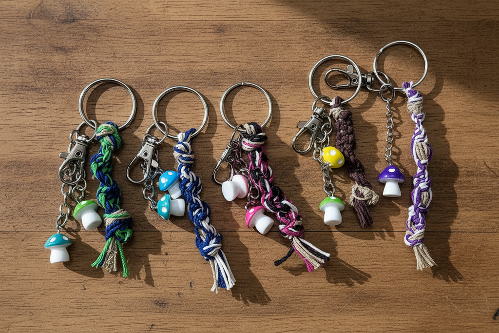 Mini Hemp Keychain with Acrylic Mushroom Charm - Boho Key Ring, Eco-Friendly Gift, Handmade Accessory, Nature-Inspired Jewelry