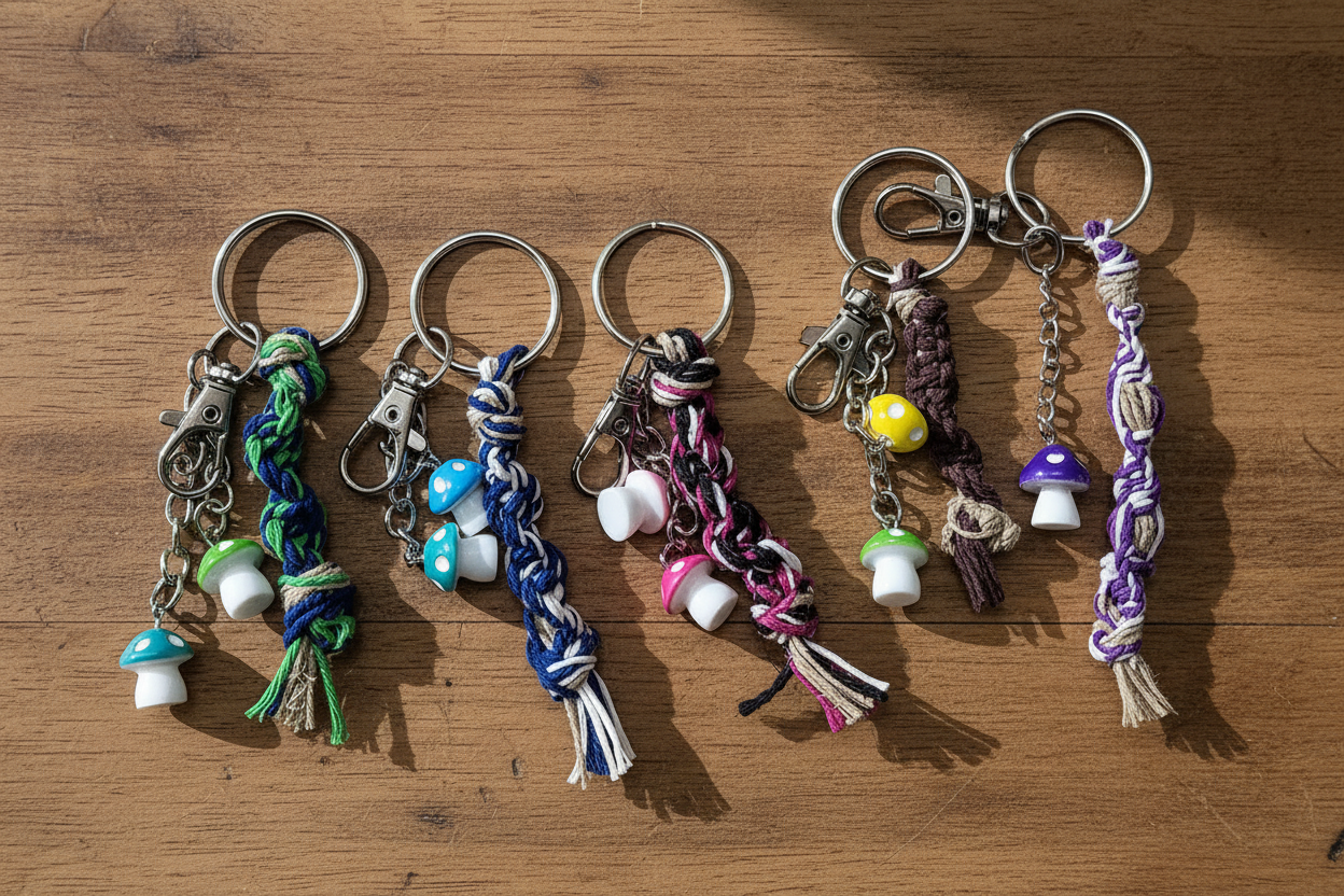 Mini Hemp Keychain with Acrylic Mushroom Charm - Boho Key Ring, Eco-Friendly Gift, Handmade Accessory, Nature-Inspired Jewelry