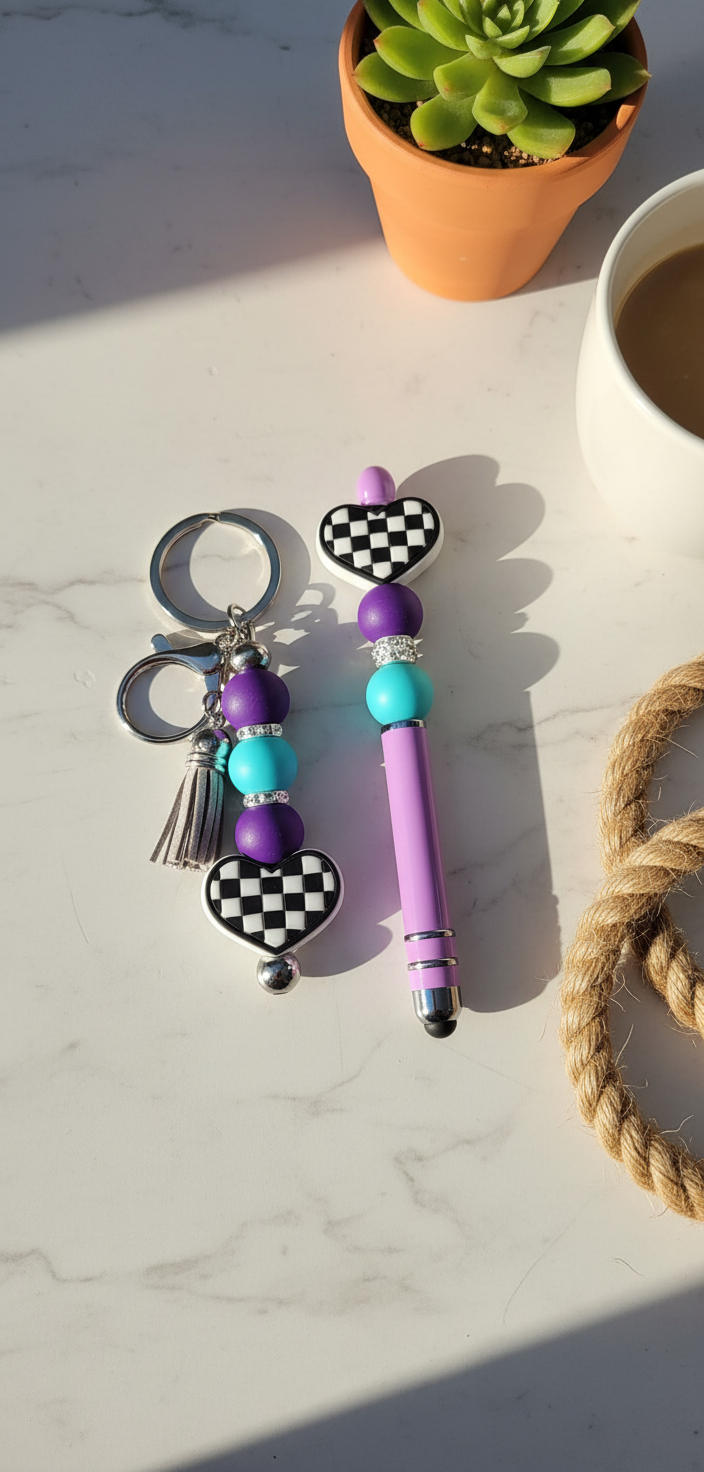 Handmade Checkered Heart Keychain: Pink & Green Beaded Keyring
