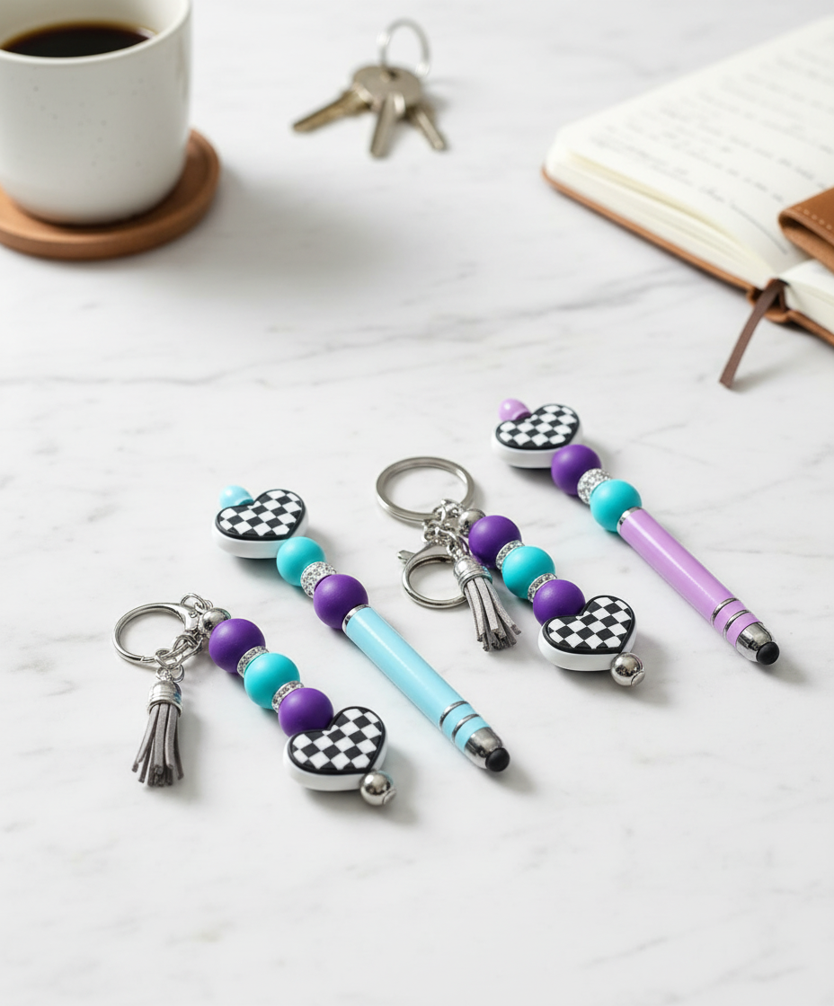 Handmade Checkered Heart Keychain: Pink & Green Beaded Keyring