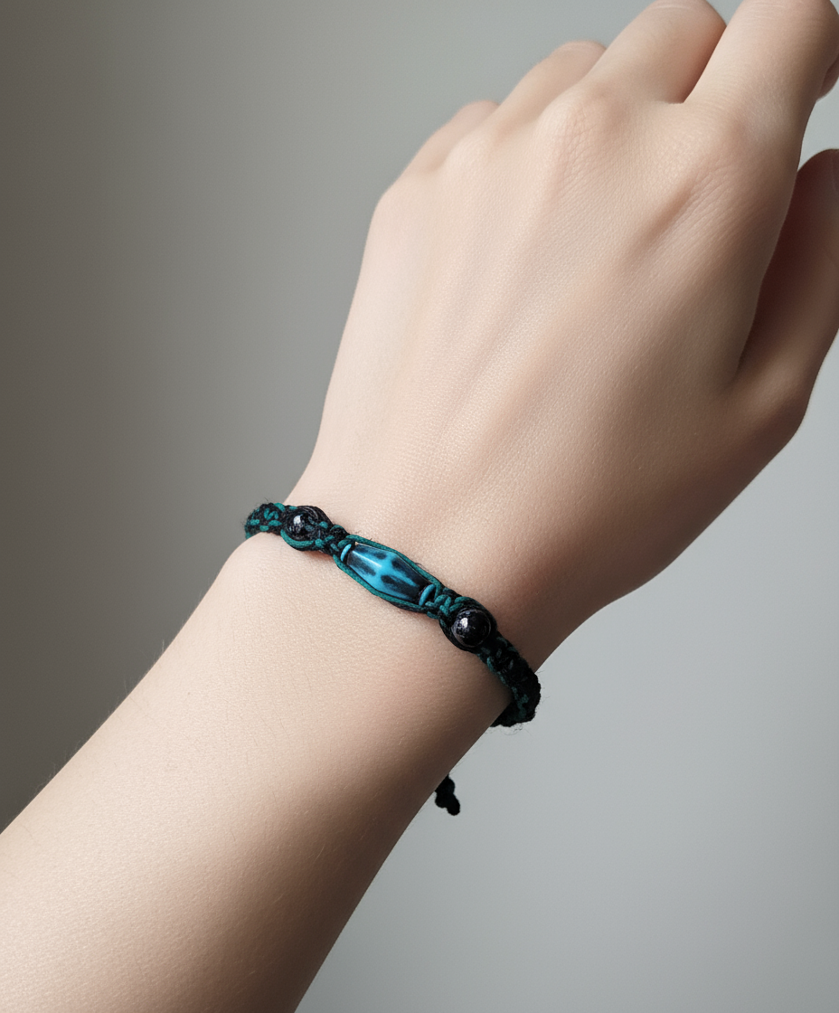 Handmade Teal Hemp Bracelet with Glass Beads