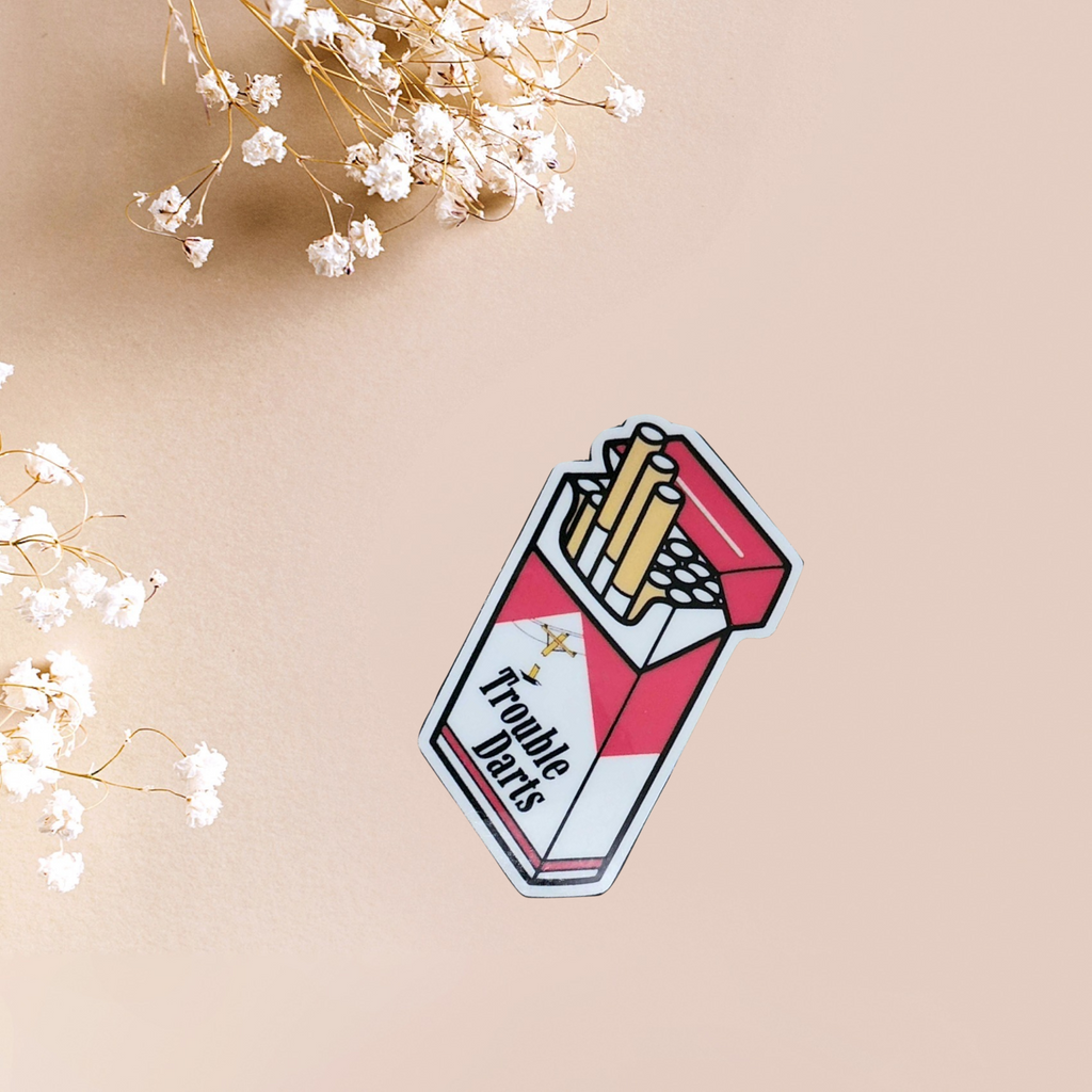 Trouble Darts Cigarette Pack Sticker | Red & White 2x2 Funny Sassy Vinyl Decal for Laptop, Water Bottle, or Toolbox