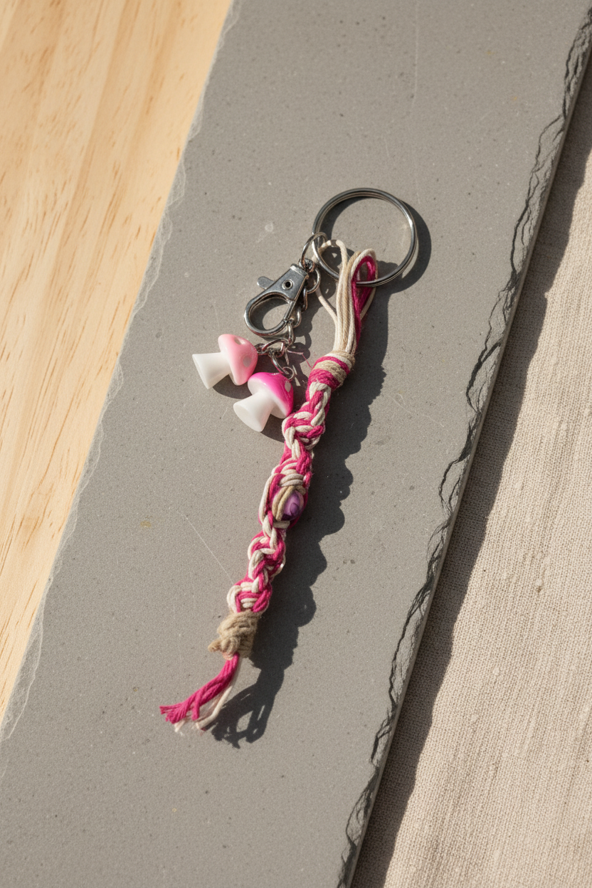 Pink and White Handmade Hemp Keychain – Beaded Boho Style Accessory
