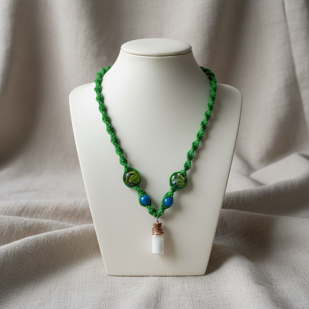 Handmade Green Hemp Necklace: Drink Me Glass Bead