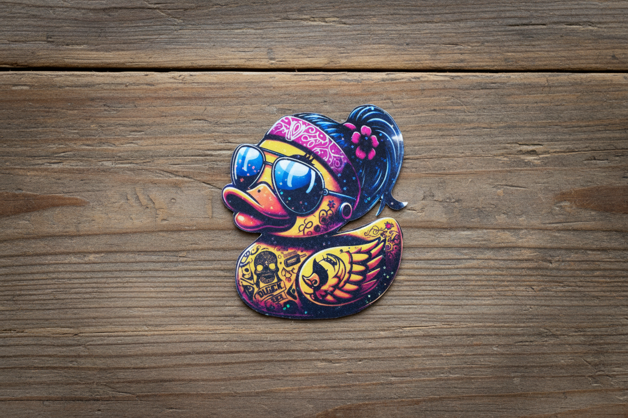 Tattooed Rubber Duck Sticker: Edgy Waterproof Vinyl Decal