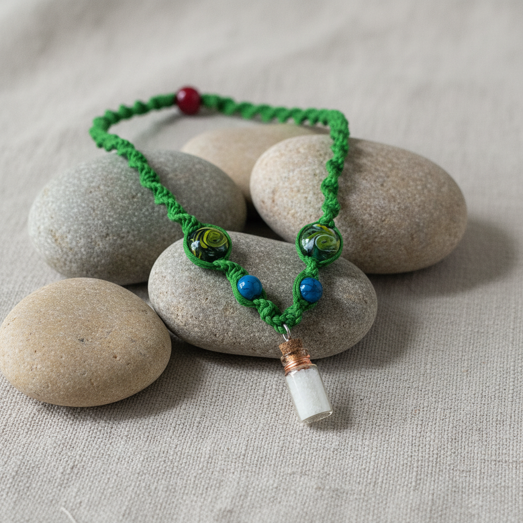 Handmade Green Hemp Necklace: Drink Me Glass Bead