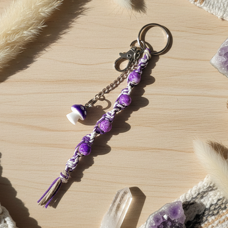 Handmade Hemp Keychain with Purple Mushroom Bead – Boho Beaded Keychain, Glass Bead Keychain, Unique Handmade Accessory