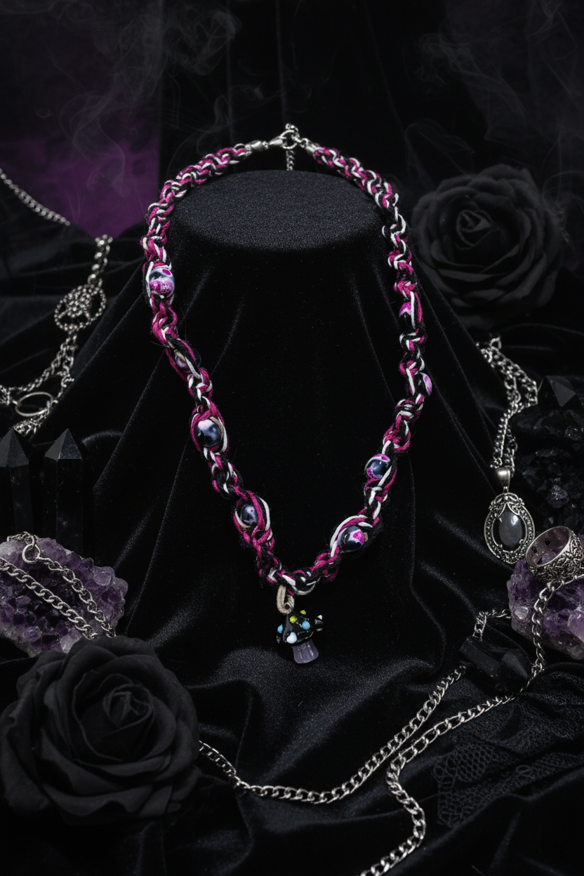 Handmade Hemp Necklace: Black Glass Mushroom Bead