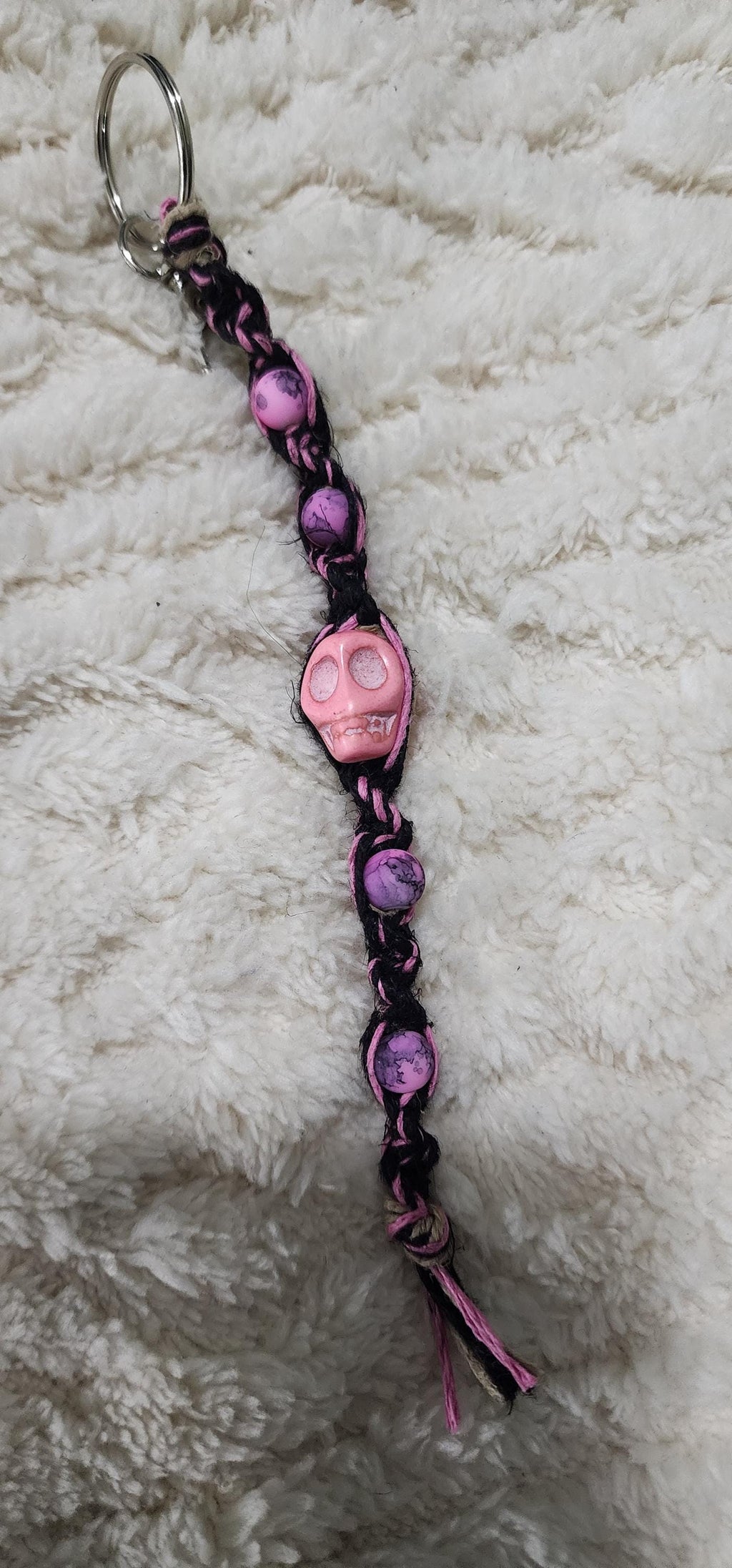 Pretty in Punk – Fierce Black & Pink Hemp Keychain with Hot Pink Beads + Badass Skull Charm | Spooky Babe Vibes Only