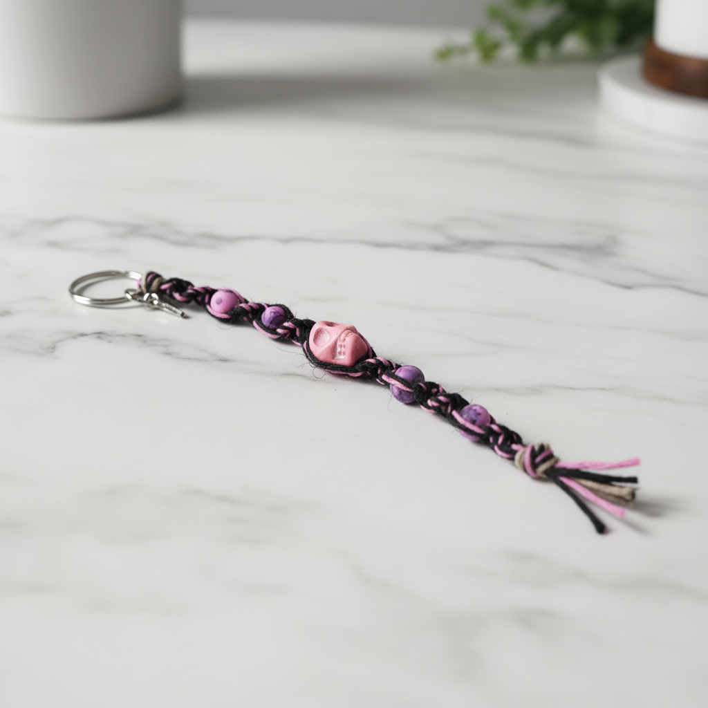 Pretty in Punk – Fierce Black & Pink Hemp Keychain with Hot Pink Beads + Badass Skull Charm | Spooky Babe Vibes Only