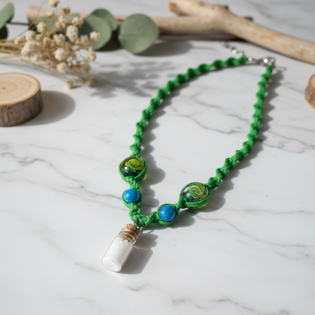 Handmade Green Hemp Necklace: Drink Me Glass Bead