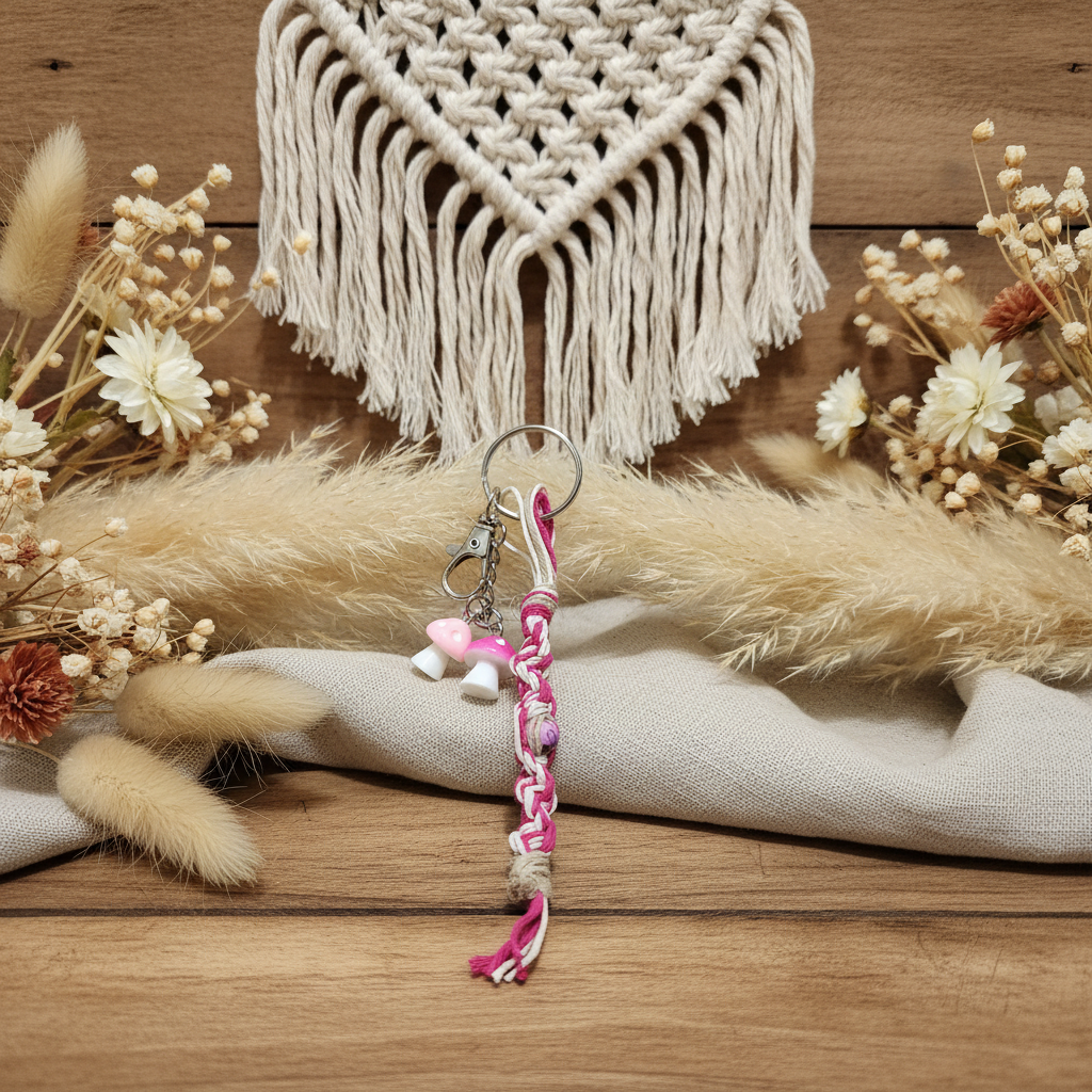Pink and White Handmade Hemp Keychain – Beaded Boho Style Accessory