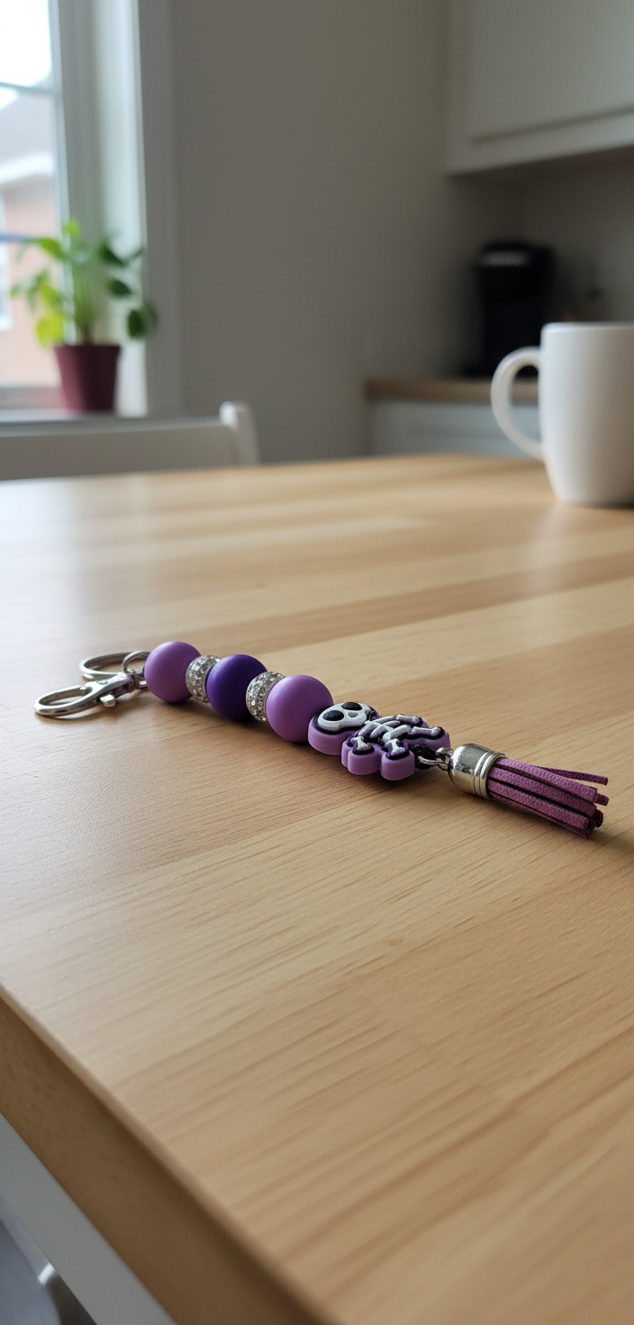 Cute Skull Keychain Beaded Charm, Handmade Halloween Keyring Accessory, Unique Backpack & Purse Pendant Gift