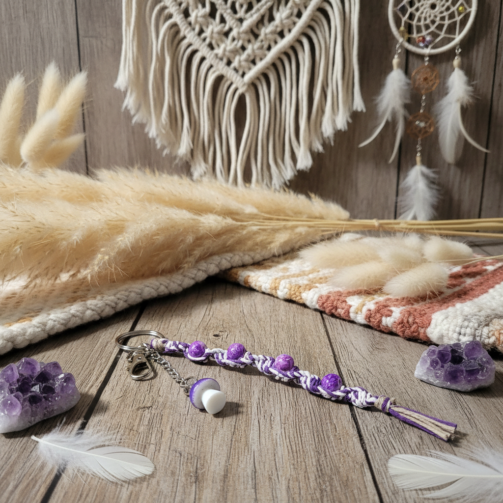Handmade Hemp Keychain with Purple Mushroom Bead – Boho Beaded Keychain, Glass Bead Keychain, Unique Handmade Accessory