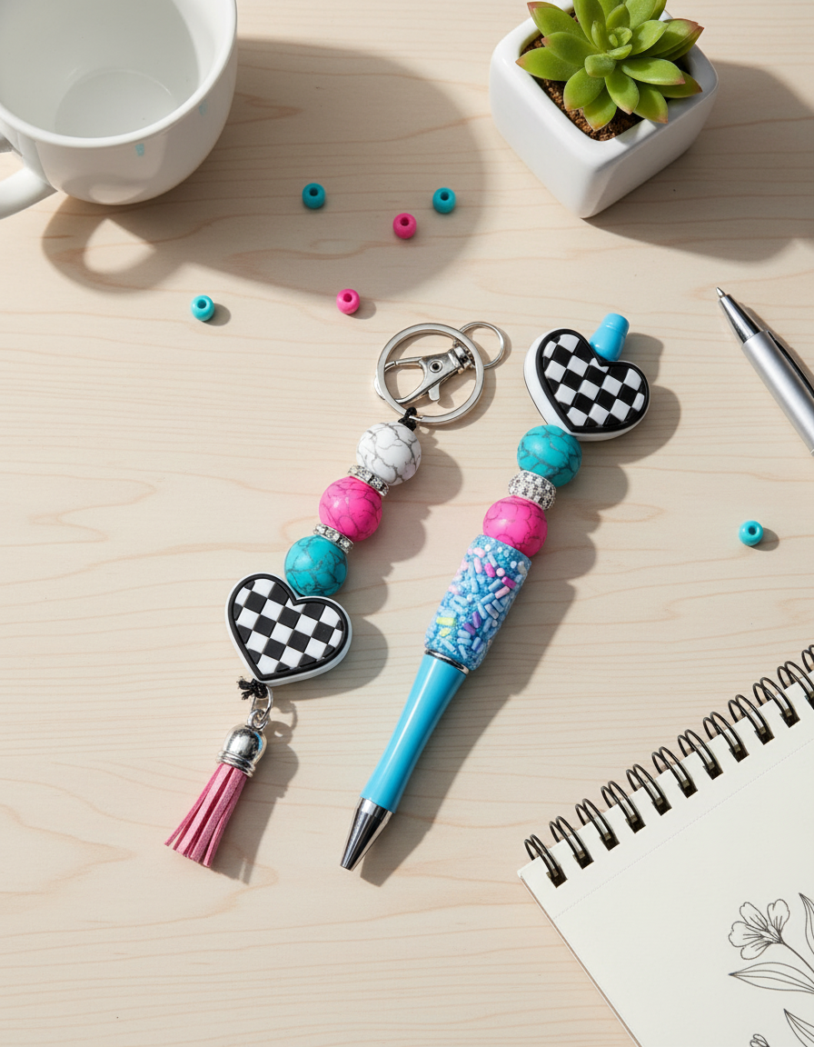 Handmade Checkered Heart Keychain: Multicolor Beaded Charm