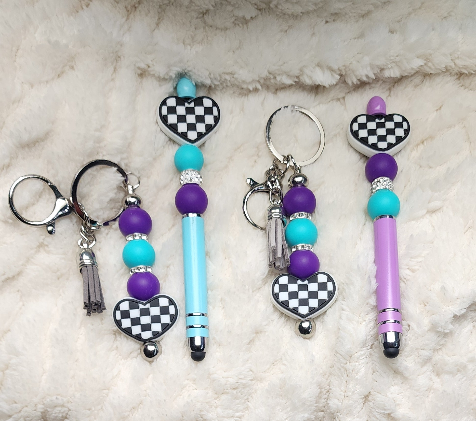 Handmade Checkered Heart Keychain: Pink & Green Beaded Keyring