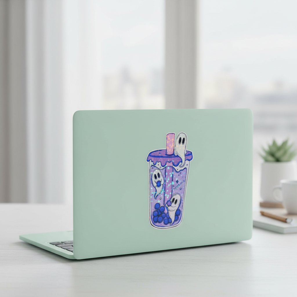 Purple Ghost Boba Tea Sticker: Kawaii Spooky Vinyl Decal