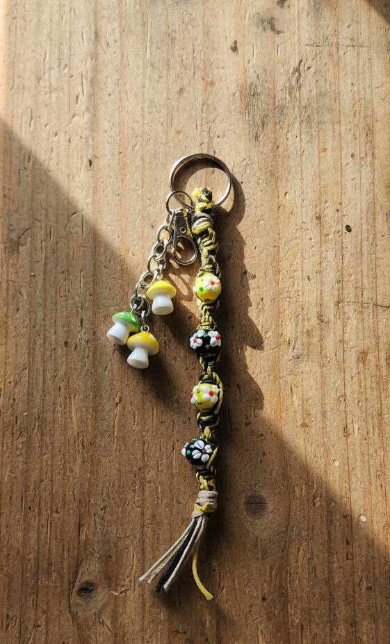 Handmade Hemp Keychain: Flower Beads and Mushroom Charms