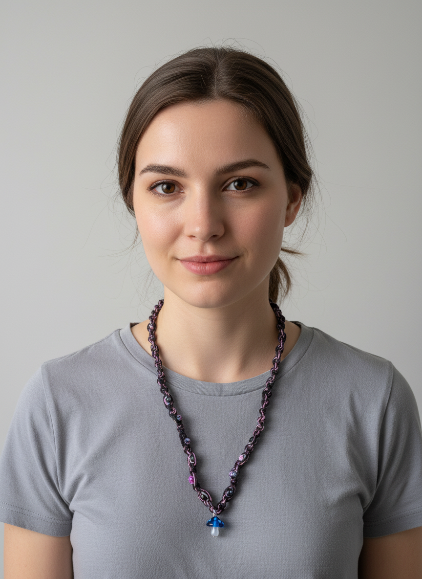 Pink & Black Hemp Necklace: Mushroom Pendant, Boho Alt Jewelry