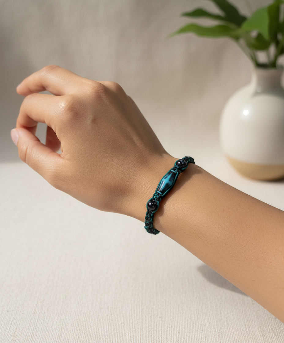 Handmade Teal Hemp Bracelet with Glass Beads