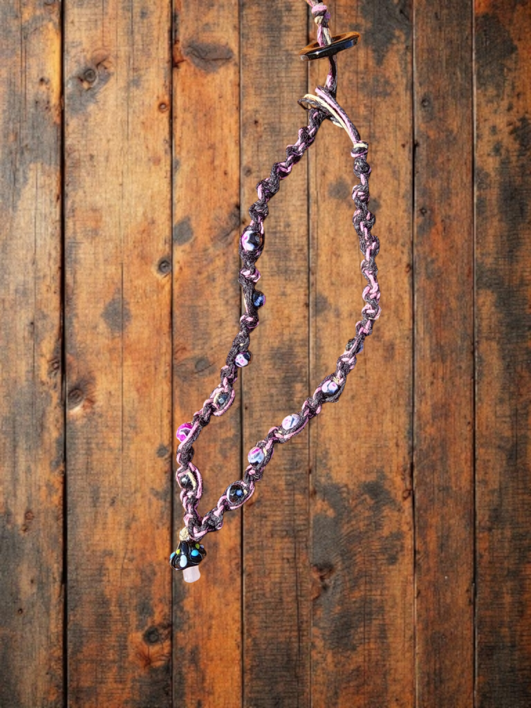 Pink & Black Hemp Necklace: Mushroom Pendant, Boho Alt Jewelry