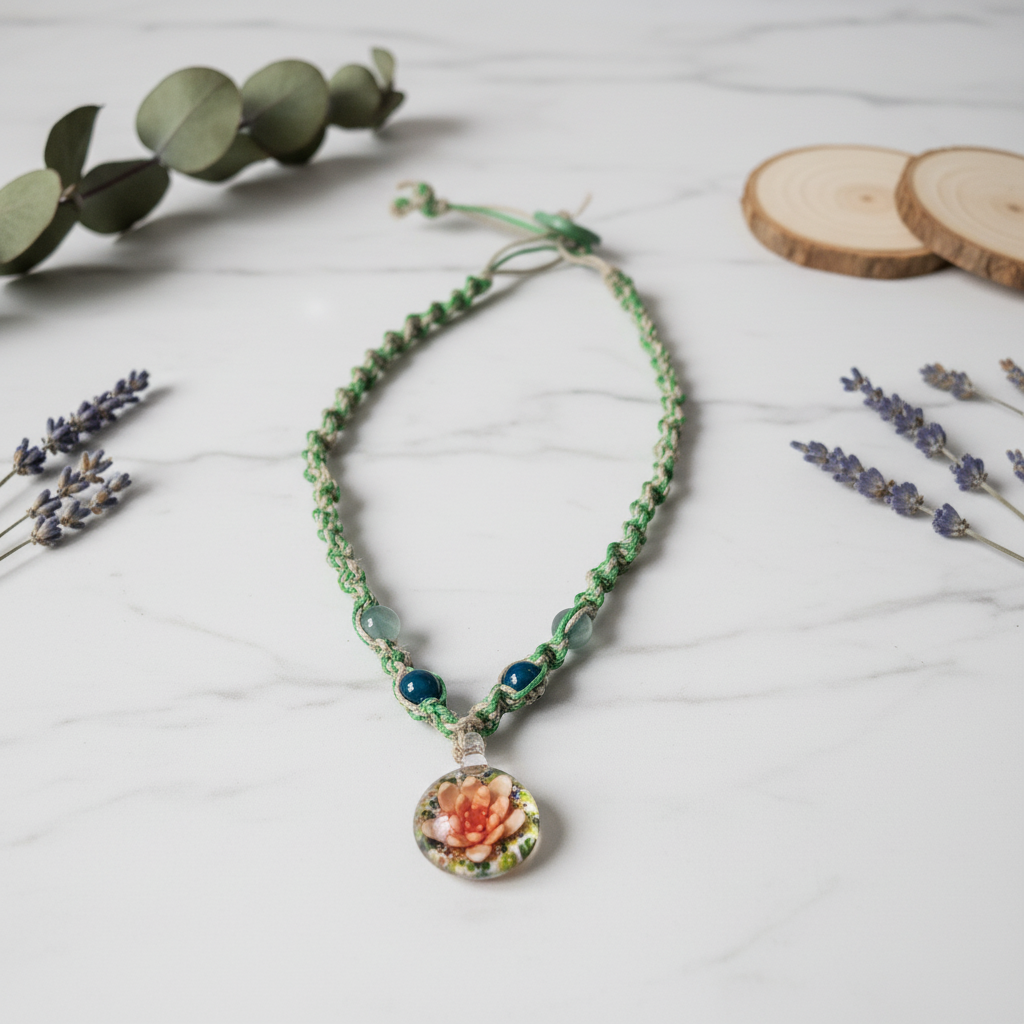 Handmade Hemp Necklace with Glass Flower Pendant