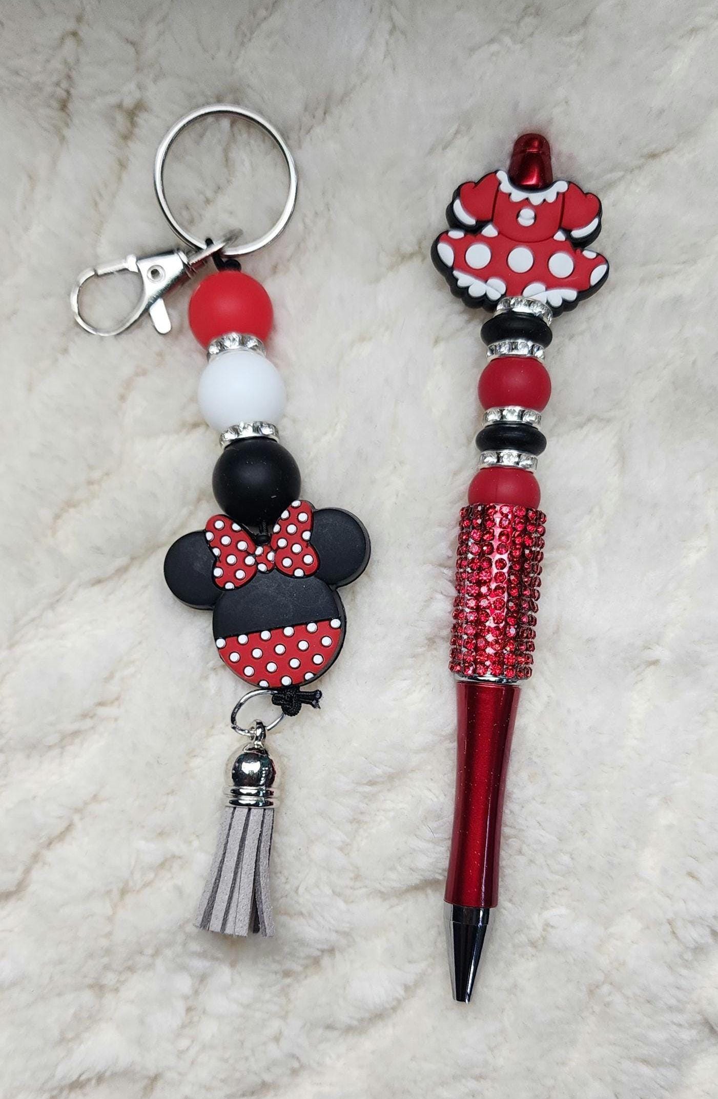 Red Black and White Beaded Keychain, Pen and Sticker Gift Set