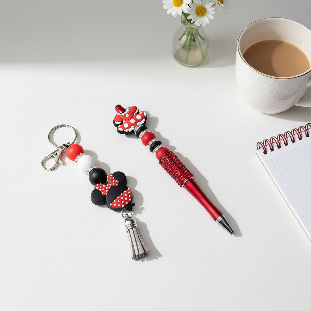 Red Black and White Beaded Keychain, Pen and Sticker Gift Set