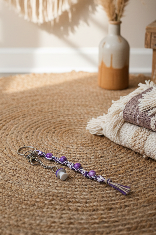 Handmade Hemp Keychain with Purple Mushroom Bead – Boho Beaded Keychain, Glass Bead Keychain, Unique Handmade Accessory