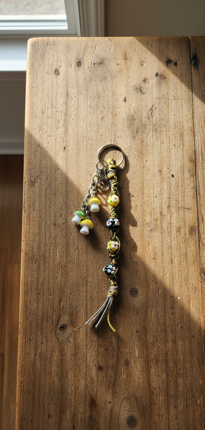 Handmade Hemp Keychain: Flower Beads and Mushroom Charms