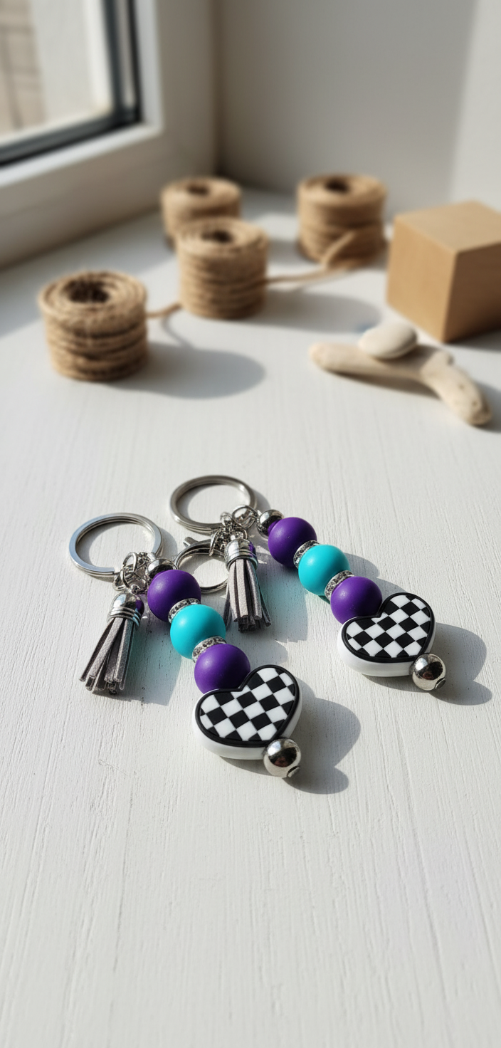 Handmade Checkered Heart Keychain