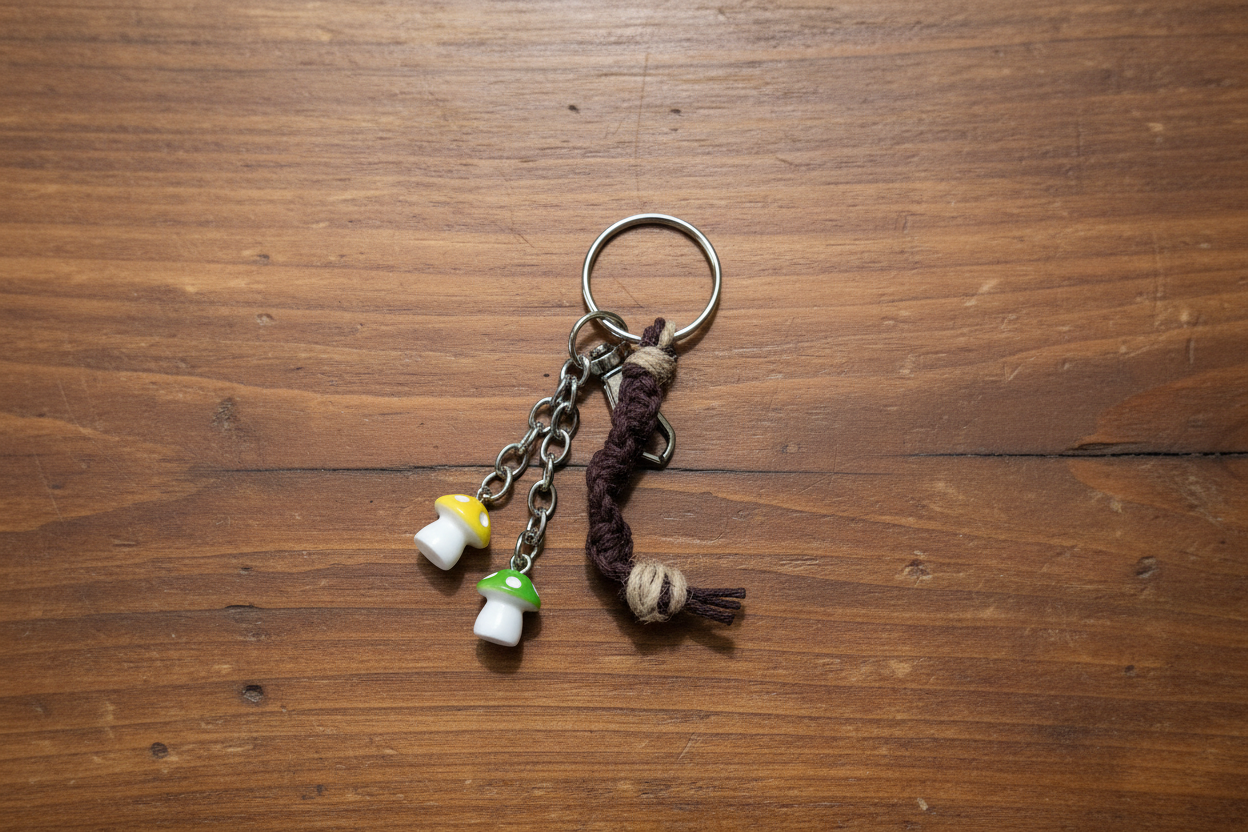 Mini Hemp Keychain with Acrylic Mushroom Charm - Boho Key Ring, Eco-Friendly Gift, Handmade Accessory, Nature-Inspired Jewelry
