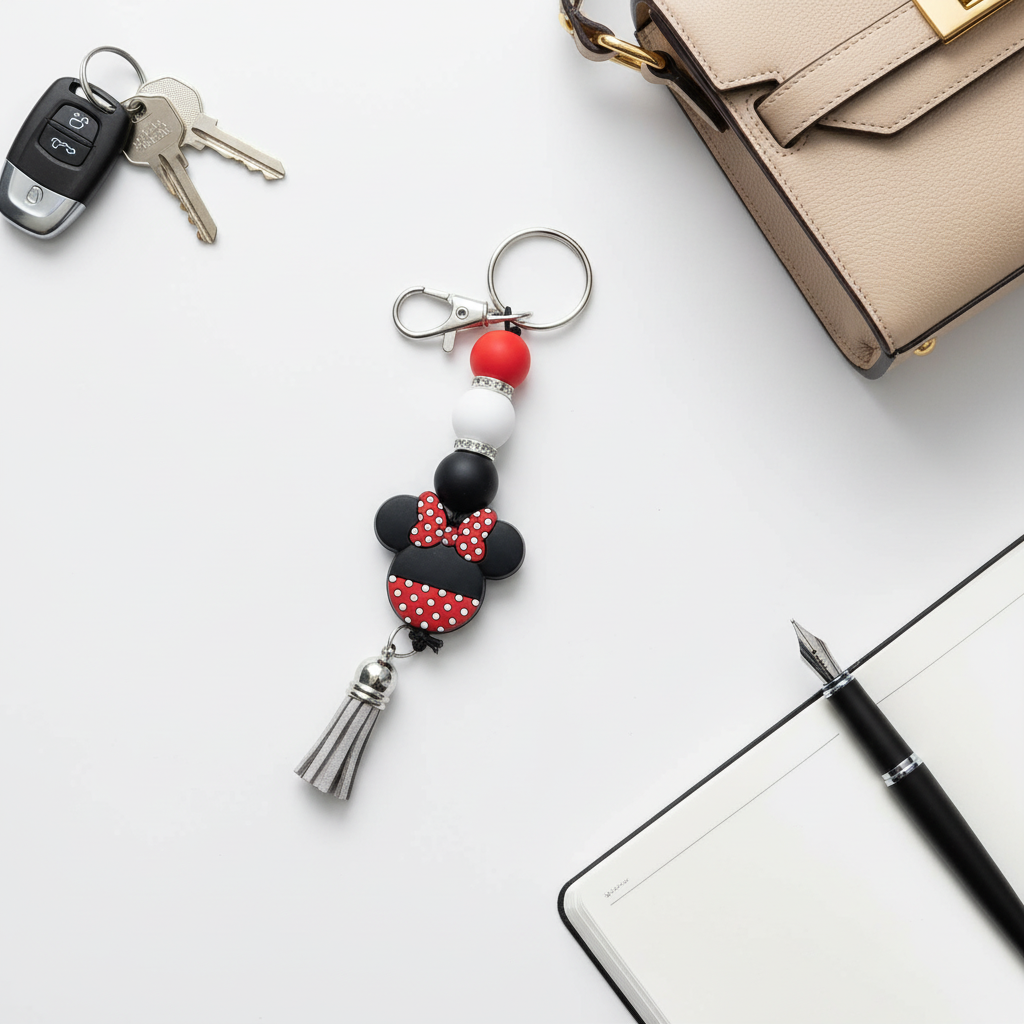 Red Black and White Beaded Keychain, Pen and Sticker Gift Set
