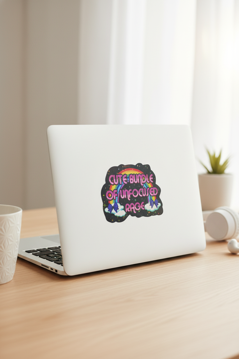 Colorful “Cute Bundle of Unfocused Rage” Sticker | Funny Sassy 3.5x2.5 Vinyl Decal for Laptop, Water Bottle, or Notebook, Set of 2