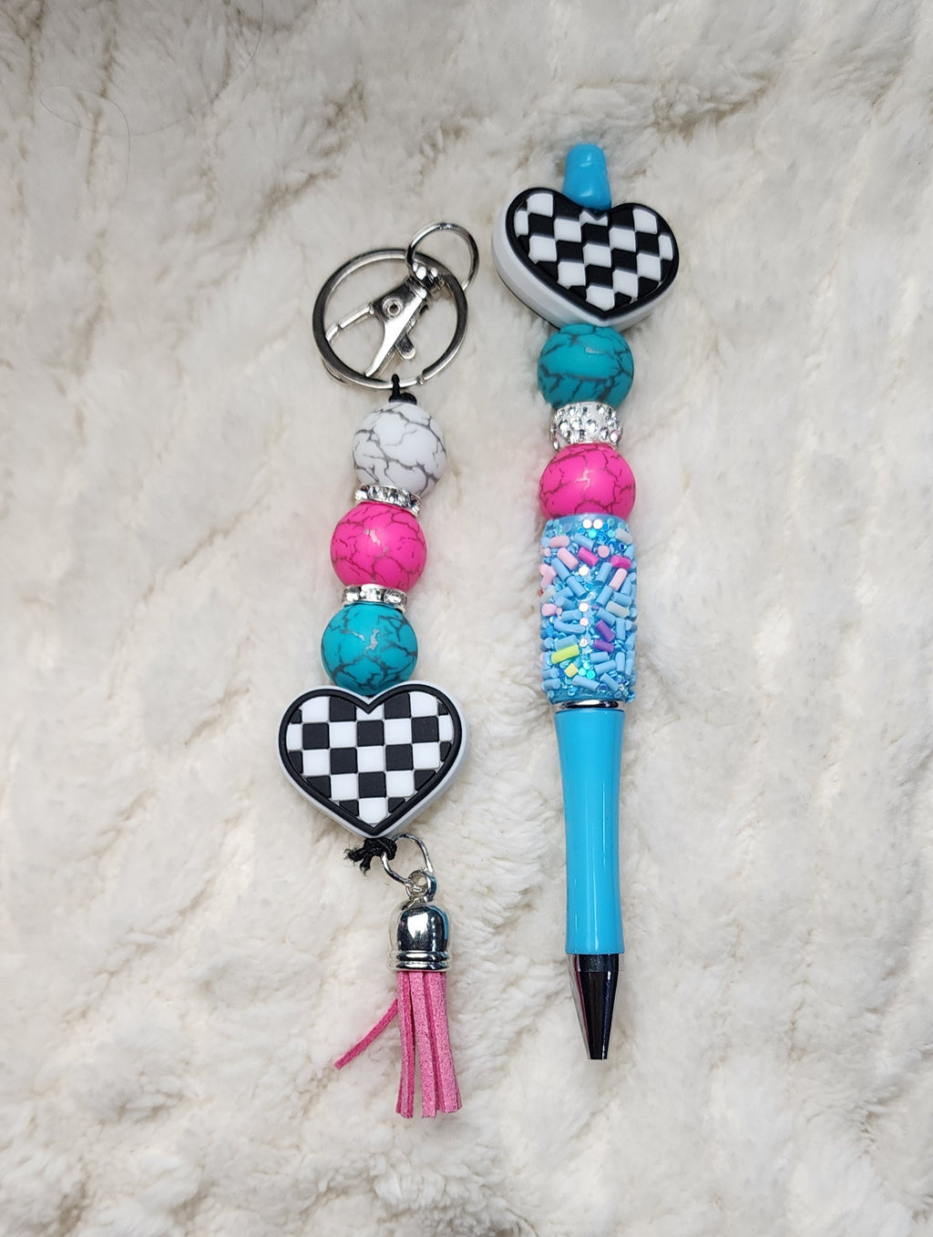 Handmade Checkered Heart Keychain: Multicolor Beaded Charm