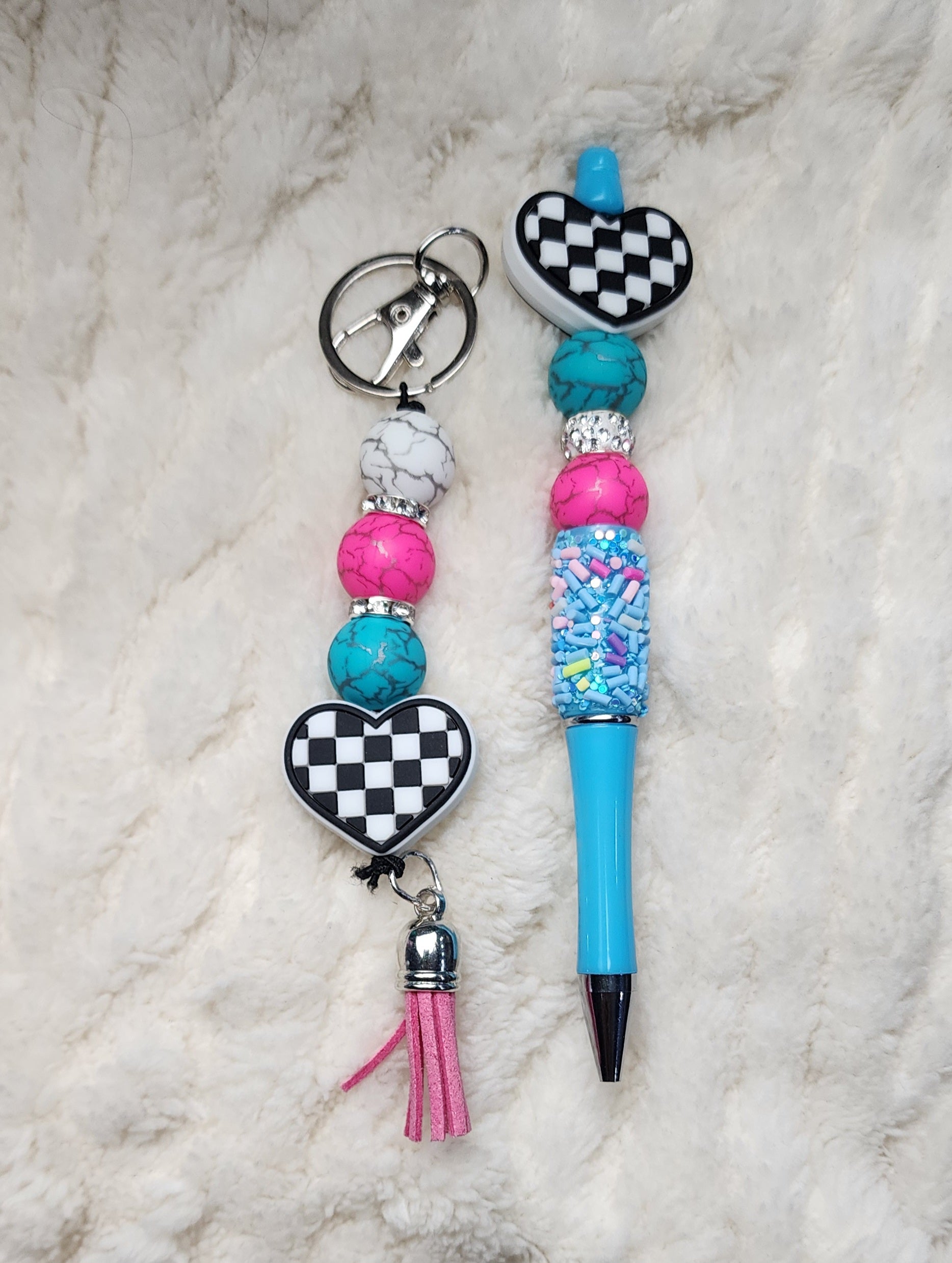 Handmade Checkered Heart Keychain: Multicolor Beaded Charm
