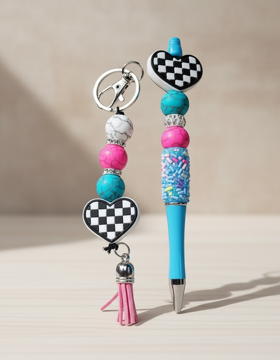 Handmade Checkered Heart Keychain: Multicolor Beaded Charm