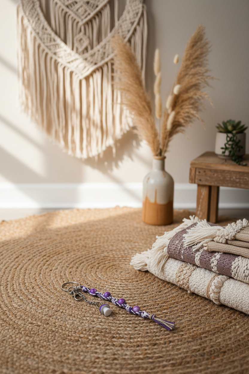 Handmade Hemp Keychain with Purple Mushroom Bead – Boho Beaded Keychain, Glass Bead Keychain, Unique Handmade Accessory