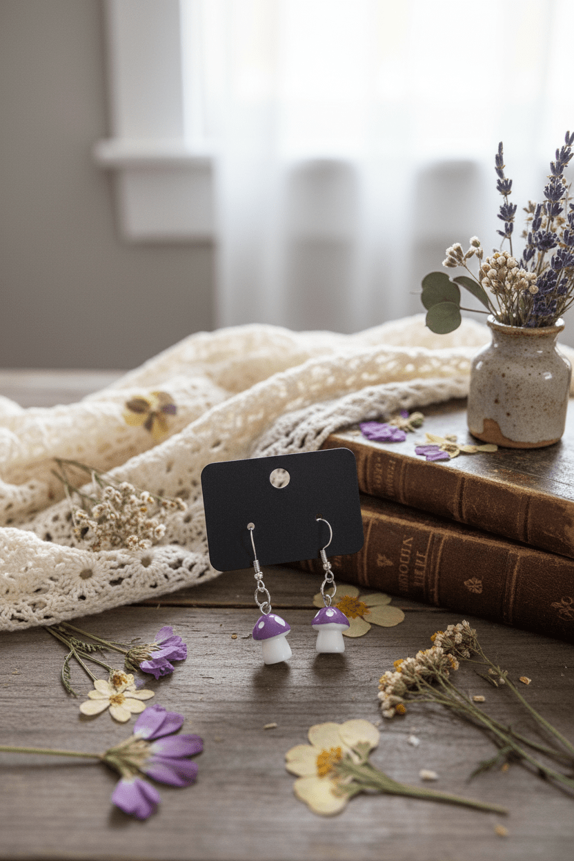 Sassy Purple Mushroom Dangle Earrings | Cottagecore Fairycore Jewelry | Whimsical Handmade Statement - Hempin Mayhem