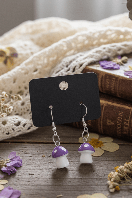 Sassy Purple Mushroom Dangle Earrings | Cottagecore Fairycore Jewelry | Whimsical Handmade Statement - Hempin Mayhem