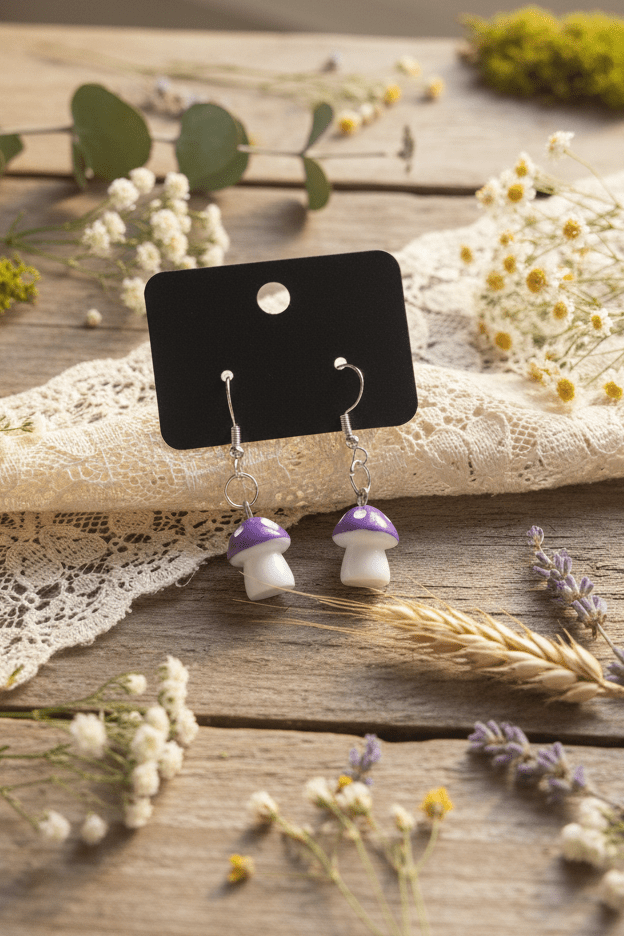 Sassy Purple Mushroom Dangle Earrings | Cottagecore Fairycore Jewelry | Whimsical Handmade Statement - Hempin Mayhem