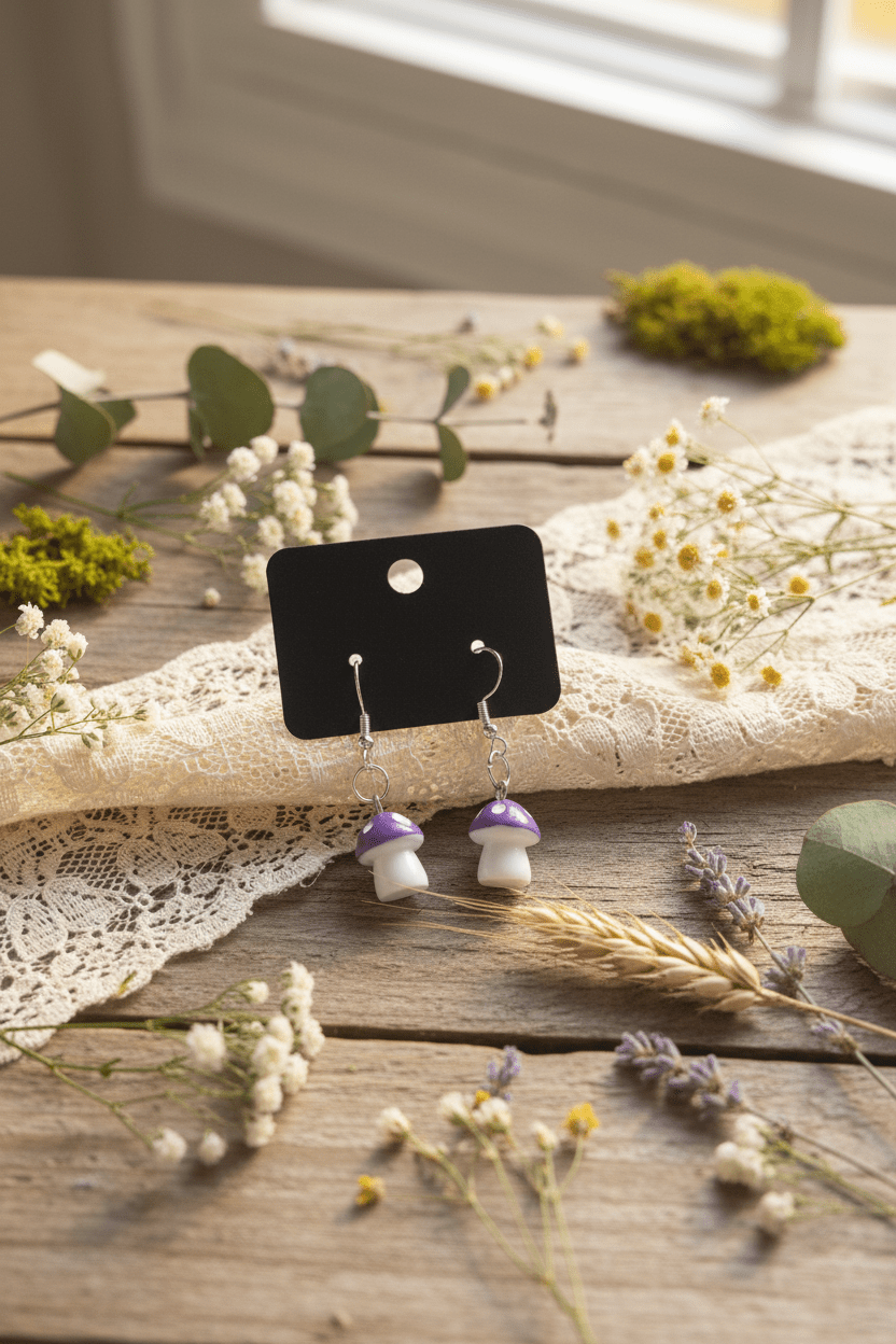 Sassy Purple Mushroom Dangle Earrings | Cottagecore Fairycore Jewelry | Whimsical Handmade Statement - Hempin Mayhem